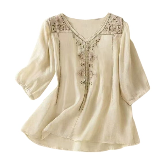 Adeawade Womens T Shirts Long Sleeve Blouse V Neck Solid Color Simple Style Tee Clothing L Beige