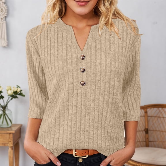 Adeawade Womens T Shirts Long Sleeve Tops Round Neck Solid Color Simple Style Tee Clothing S Beige