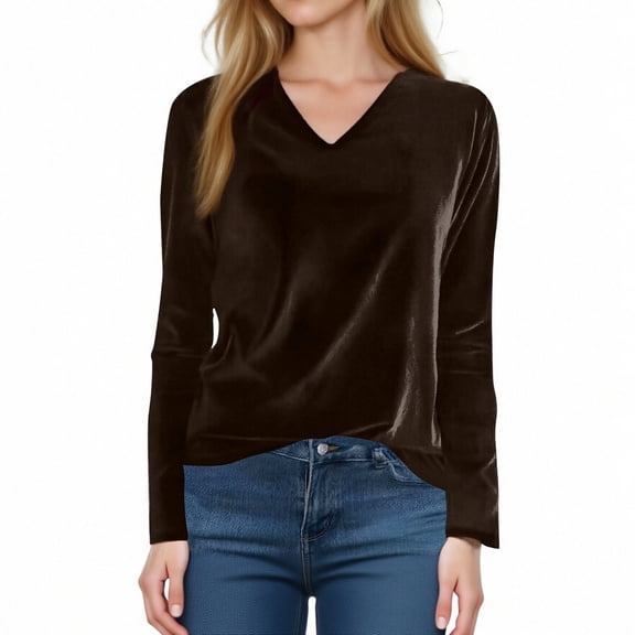 Adeawade Womens T Shirts Long Sleeve V Neck Blouse Solid Color Basic Tee Clothes L Brown