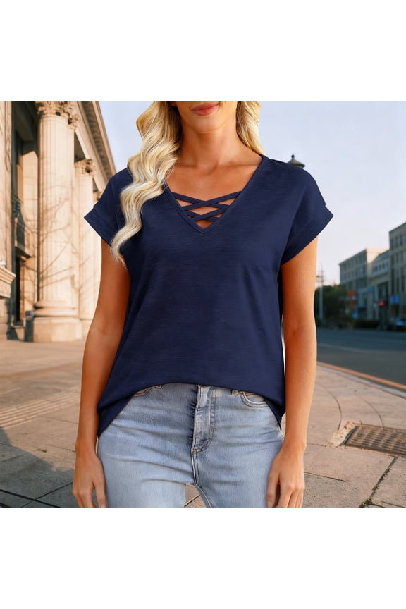 Womens T Shirts V Neck Short Sleeve Tops Solid Color Fashion Tee Clothes L Navy