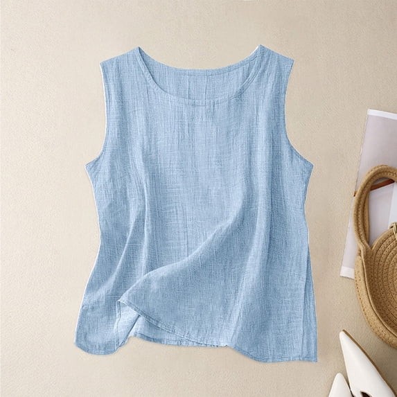 Adeawade Womens Tank Tops Sleeveless Sheer Blouse Loose Fit Summer Camisole Round Neck Solid Color Tank Top Trend Wear Light Blue Xl