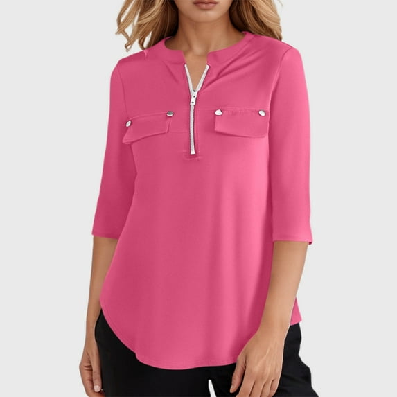 Adeawade Womens Tops 3/4 Sleeve Zippered Round Neck Solid Color Simple Style Tee Clothes M Rd2