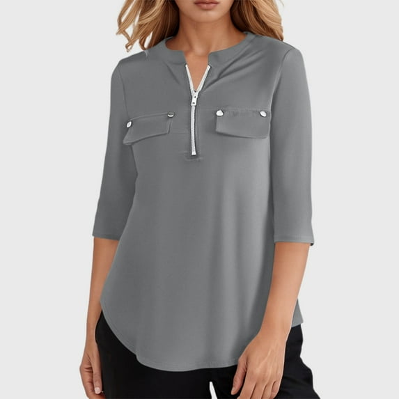 Adeawade Womens Tops 3/4 Sleeve Zippered Round Neck Solid Color Simple Style Tee Clothing M Grey