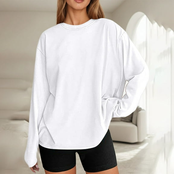 Adeawade Womens Tops Long Sleeve Crewneck T Shirts Solid Color Basic Tee Daily Wear Xl White