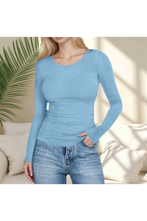 Womens Tops Long Sleeve Solid Color T Shirts Crewneck Classic Tee Daily Wear L Light Blue