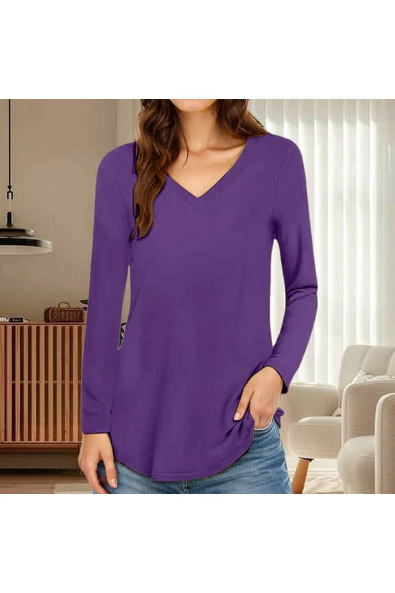 Womens Tops Long Sleeve V Neck T Shirts Solid Color Basic Tee Clothing 2Xl Dark Purple