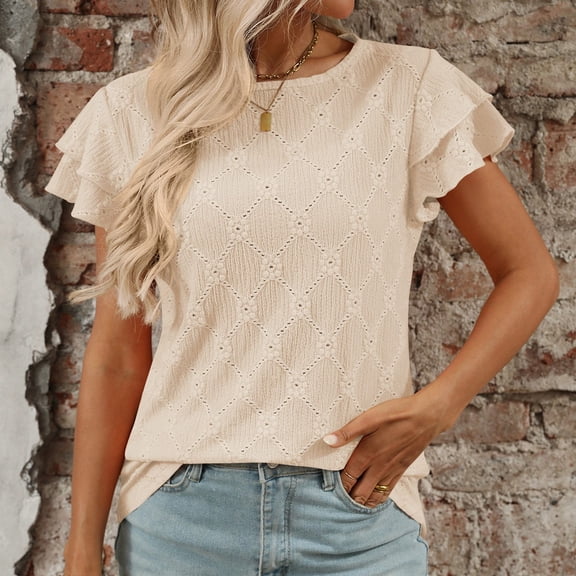 Adeawade Womens Tops Short Sleeve Solid Color T Shirts Round Neck Classic Tee Daily Wear L Beige
