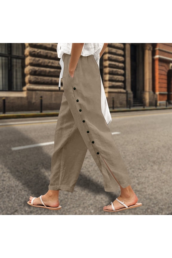 Womens Trousers Straight Leg High Waist Solid Color Elastic Waist Loose Fit Side Button Functional Pants Casual Trousers S Khaki