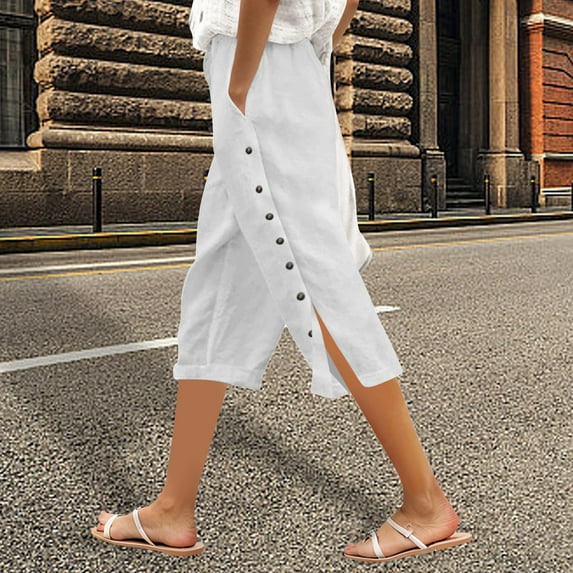Adeawade Womens Trousers Straight Leg High Waist Solid Color Elastic Waist Loose Fit Side Button Functional Three Quarter Pants Casual Wear S White