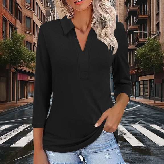 Adeawade Womens Tshirt 3/4 Sleeve Tops Round Neck Solid Color Simple Style Tee Clothing S Black
