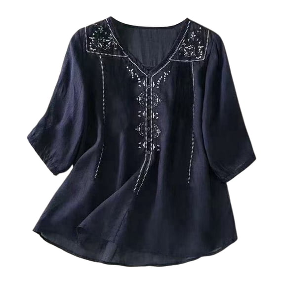 Adeawade Womens Tshirt Long Sleeve Blouse V Neck Solid Color Simple Style Tee Clothes 3Xl Navy