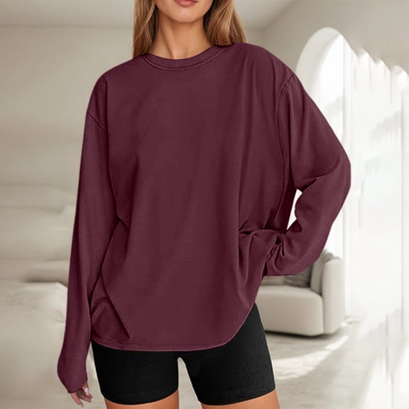 Adeawade Womens Tshirt Long Sleeve Crewneck Tops Solid Color Basic Tee Clothes Xl