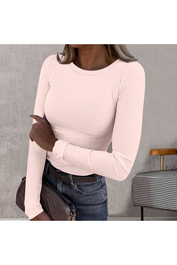 Womens Tshirt Long Sleeve Solid Color Tops Crewneck Classic Tee Daily Wear M Pink