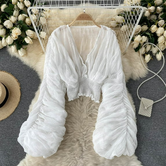 Adeawade Womens Tshirt Round Neck Slim Fit Chiffon Tops Long Puff Sleeve Solid Color Elegants Tee Cute Clothing One Size White