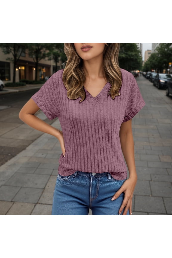 Womens Tshirt Short Sleeve Solid Color Tops V Neck Classic Tee Clothes 2Xl Red