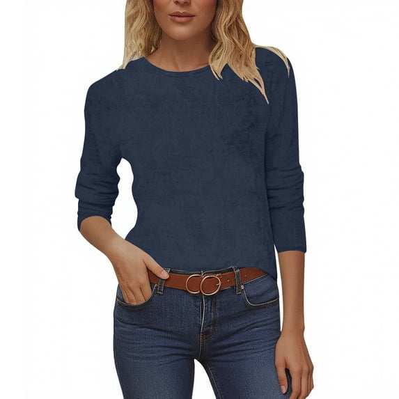 Adeawade Womens Tshirts 3/4 Sleeve Crewneck Tops Solid Color Basic Tee Clothes L Navy