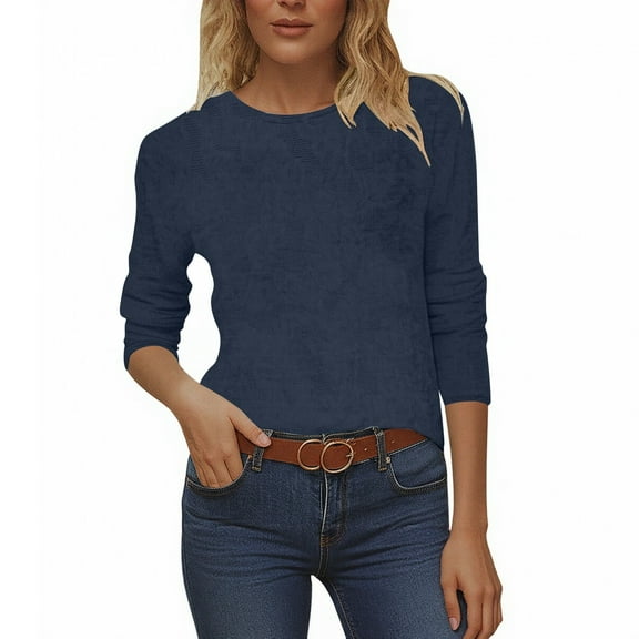 Adeawade Womens Tshirts 3/4 Sleeve Crewneck Tops Solid Color Basic Tee Clothes L Navy