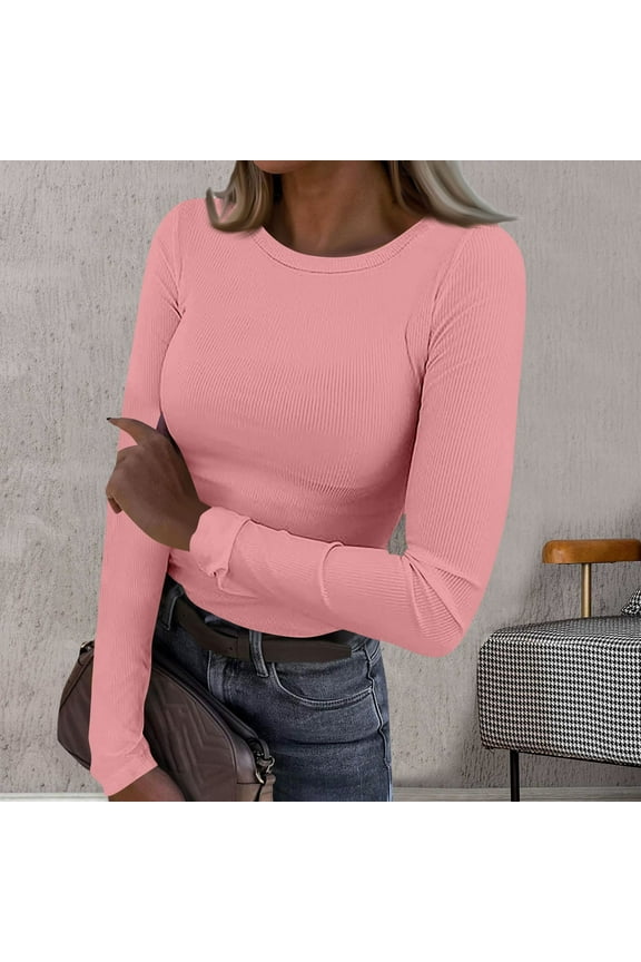 Womens Tshirts Long Sleeve Solid Color Tops Crewneck Classic Tee Clothes Xl Light Pink