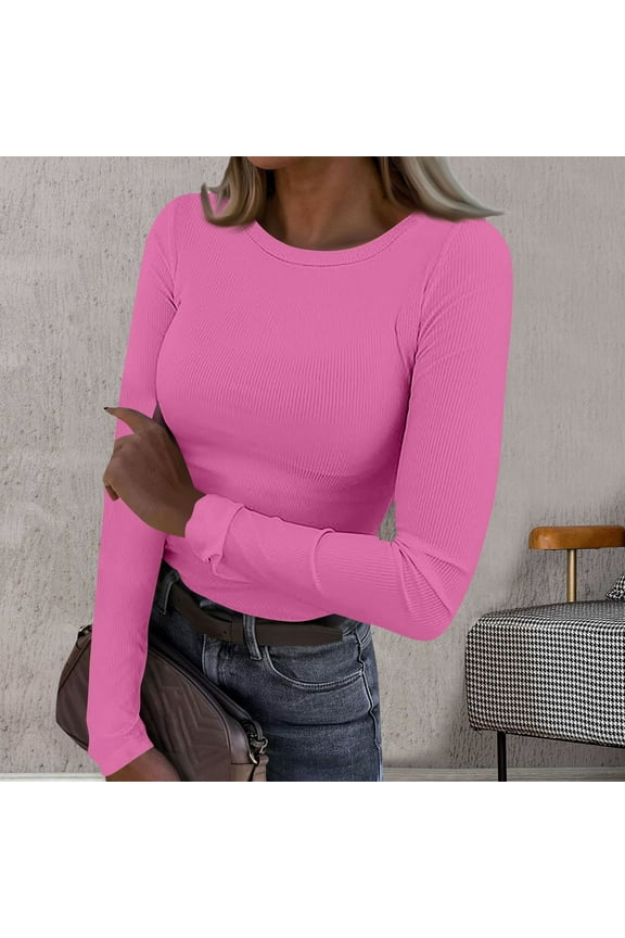 Womens Tshirts Long Sleeve Solid Color Tops Crewneck Classic Tee Daily Wear L Red