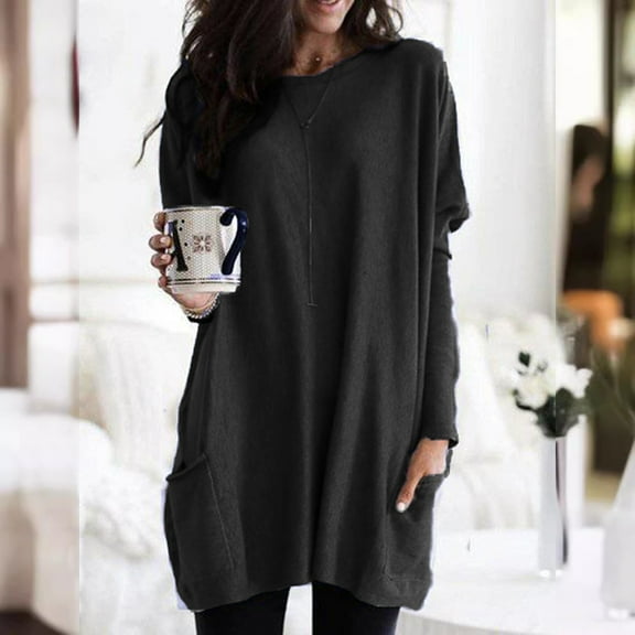 Adeawade Womens Tshirts Round Neck Long Sleeve Loose Fit Solid Color Fashion Tee Daily Wear 5Xl Black