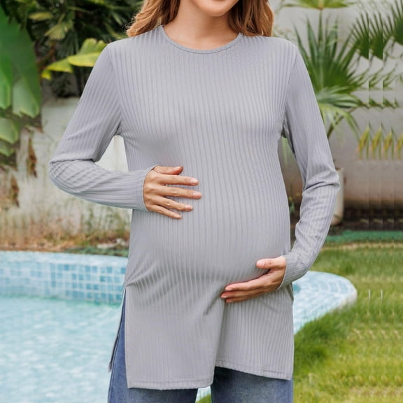 Adeawade Womens Winter Shirts Long Sleeve Maternity Blouse Maternity T Shirts Tiered Basic Casual Pregnancy Top Crewneck Shirts Comfy Maternity Clothes Grey S