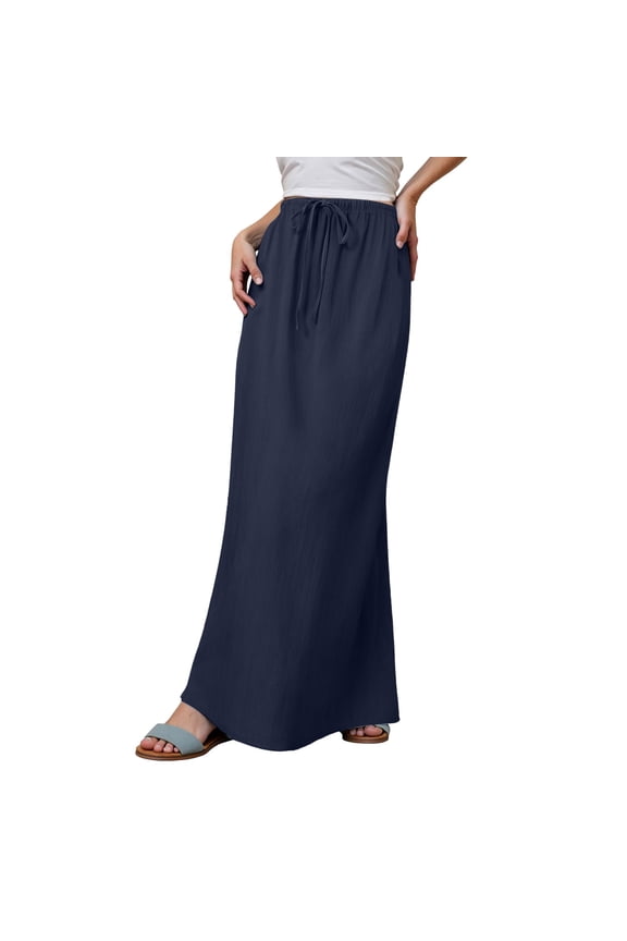 Womens Winter Skirts Winter Boho Long Flowy Skirts Linen Maxi Skirts For Lady Drawstring Waist A Line Skirts Basic Soft Clothes Navy L