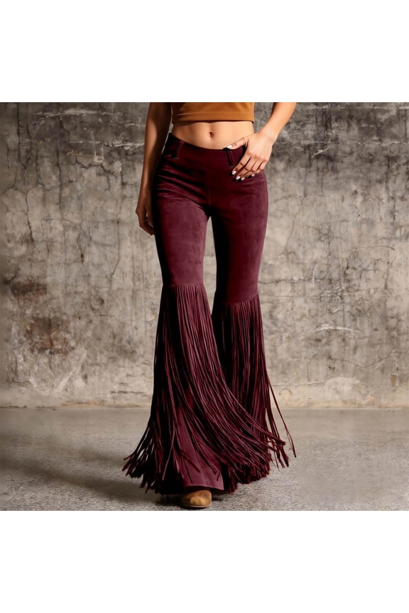 Work Trousers For Women Straight Leg Retro Western Fringe Pants For High Waist Flared Trousersboho Bottoms Retro Pants L Red