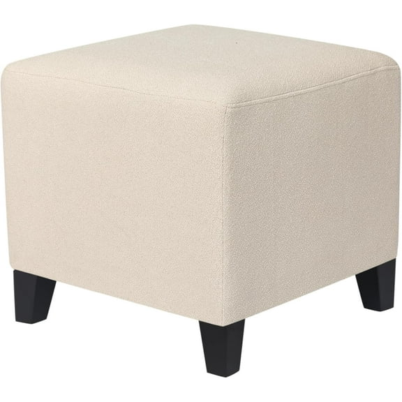 Adeco 16.3" Cotton Linen Cube Ottoman Footstool, Square Footrest Stools Coffee Table, Stepstool, Padded Square Seat with Wooden Legs for Living Room, Bedroom, Couch, Desk, Cream White