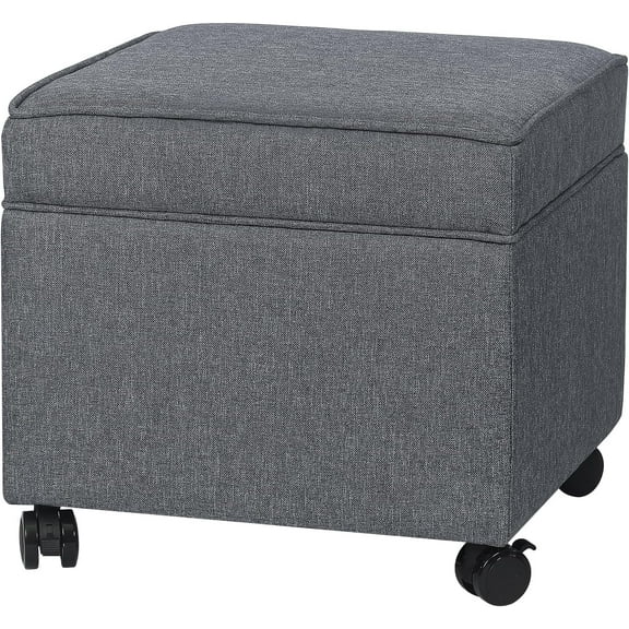 Adeco 17.5" Square Fabric Ottoman with Storage, Upholstered Cotton Linen Foot Rest, Flip Top Footstool, Small Cube Coffee Table Extra Seat for Living Room, Bedroom, Grey with Rolling Legs