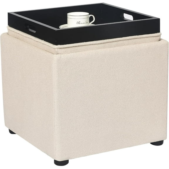Adeco 17.7" Storage Ottoman, Small Square Cotton Linen Coffee Table Cube Foot Rest Stool, Upholstered Vanity Chair Seat for Living Room, Entryway, Bedroom Dorm and Kids Room (White with Tray)