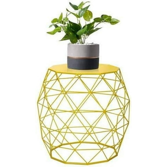 Adeco 18-inch Home Garden Wire Round Metal Stool, Decorative Accent Display Stand, Side Table, End Table - Bohemian Chic Openwork Lattice Design, Yellow