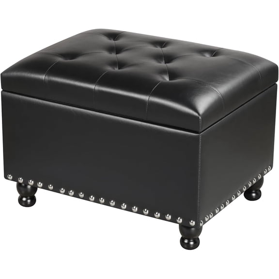 Adeco 23 Inch Storage Ottoman, Black Ottoman Foot Rest with Safety Hinge, Load up to 350 lb, Upholstered PU Leather Ottoman Bench for Bedroom, Living Room, Entryway, Hallway