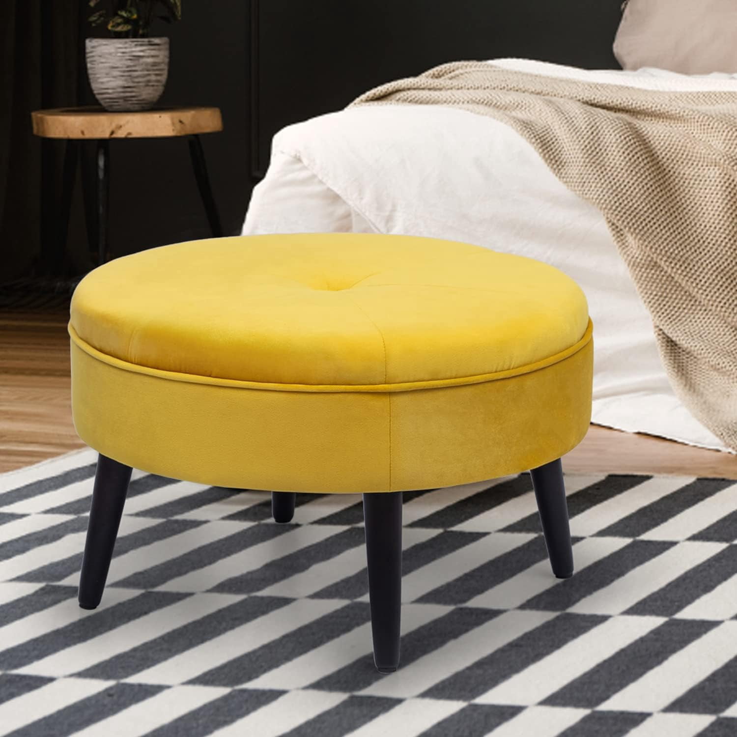 Adeco 23" Round Velvet Ottoman with Thicked Sponge and Non-Skid Wood ...