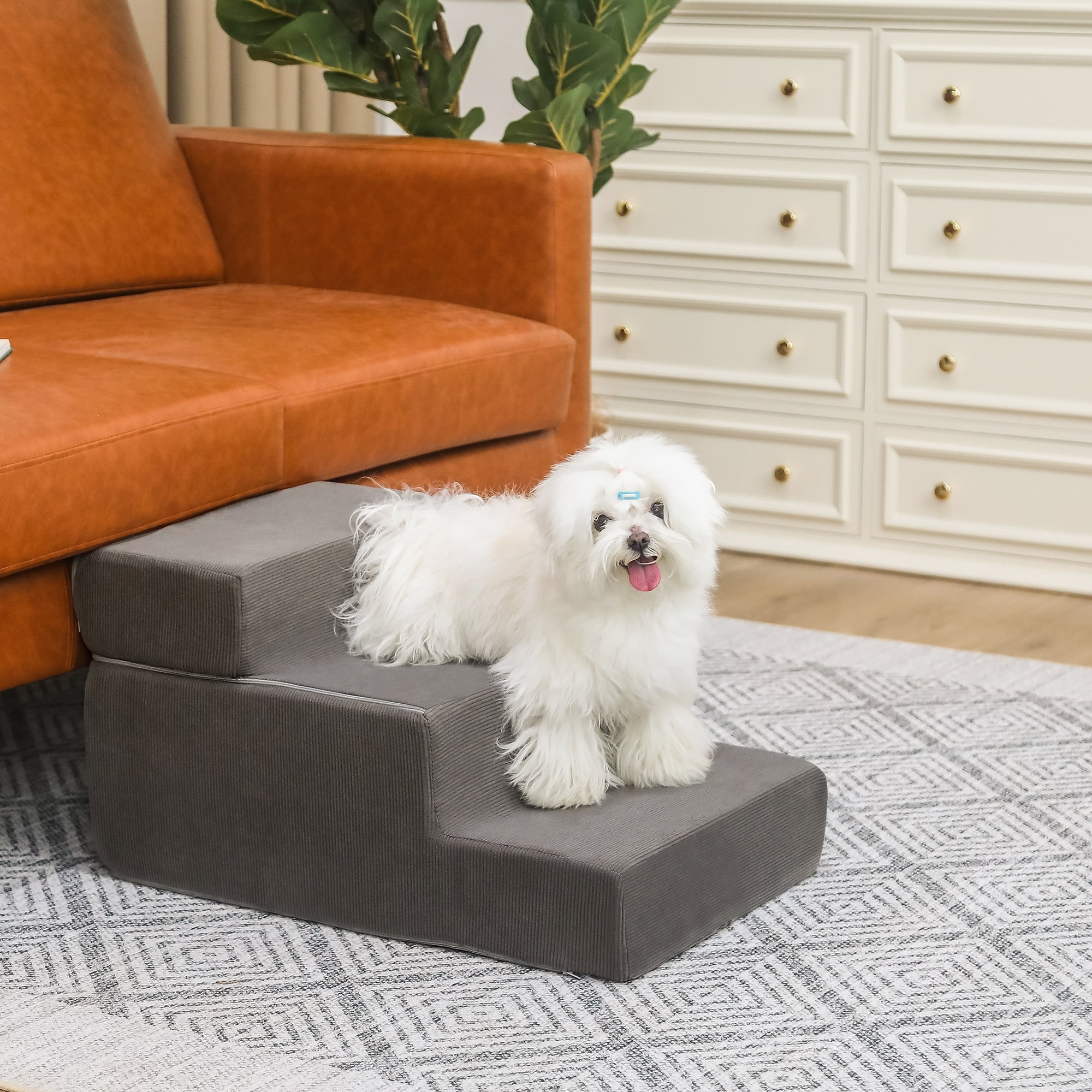 Adeco 3-Tier Dog Stairs Soft Foldable Dog Ramp with Removable Cover ...