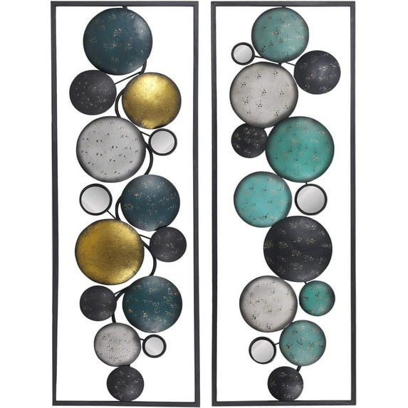Adeco 35.2" Modern Wall Sculpture, Abstract Floating Patterned Shapes Rectangle Frame Metal Wall Decoration, Set of 2