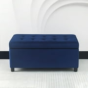Adeco  35" Tufted Rectangular Storage Ottoman Bench Dark-Blue-Velvet Wood, Velvet Solid Large Americana, Modern & Contemporary