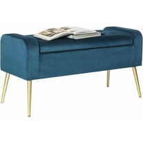 Adeco 39.6 inch Modern Velvet Storage  Ottoman,Upholstered Storage End of Bed , Tufted Button Entryway  with Golden Metal Legs for Bedroom Living Room (Blue)