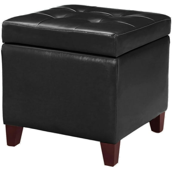 Adeco Bonded Leather Square Tufted Cubic Cube Footstool, 18" Height Storage Ottomans, With Lid, Black