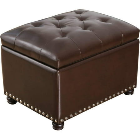Adeco Bonded Leather Square Tufted Storage Footstool, 18" ottoman, Dark Brown