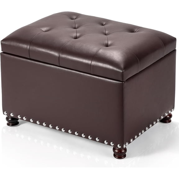 Adeco Bonded Leather Square Tufted Storage Footstool, 18" ottoman, Dark Brown
