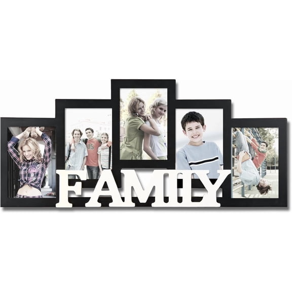 Adeco Decorative Black and White Wood ''Family'' Wall Hanging Picture Photo Frame, 5 Openings, 4x6''