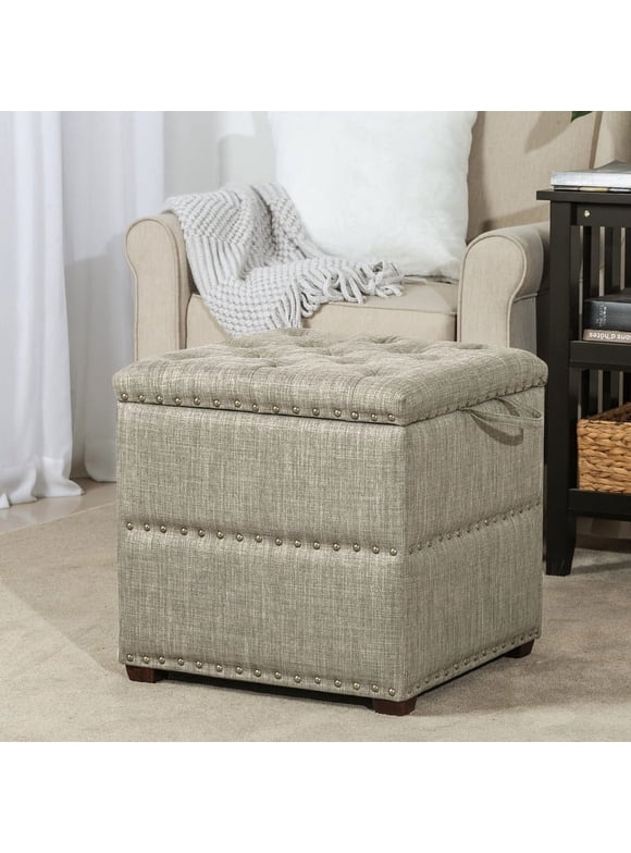 Adeco Fabric Square Ottoman with Tray Rusty Brown