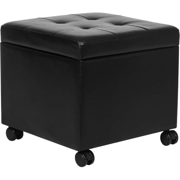 Adeco Faux Leather Storage Ottoman  with Steerable Rolling Wheels, 17.7" Square Black PU Cube Foot Stool, Upholstered Button Tufted Vanity Chair with Hinged Lid for Living Room, Bedroom, Dorm