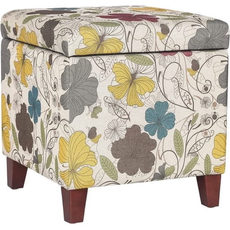 Adeco Floral Printed Linen Cube Storage Ottoman Footrest Footstool Flower
