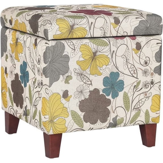 Adeco Floral Printed Linen Cube Storage Ottoman Footrest Footstool Flower