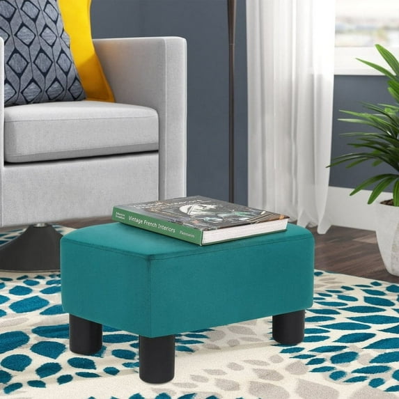 Adeco Footstool Ottoman Fabric Footrest Modern Rectangular Stool Blue