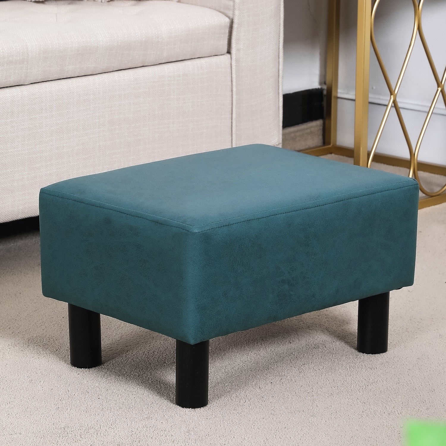 Adeco Footstool Ottoman Faux Leather Foot Rest Stool DarkTealBlue