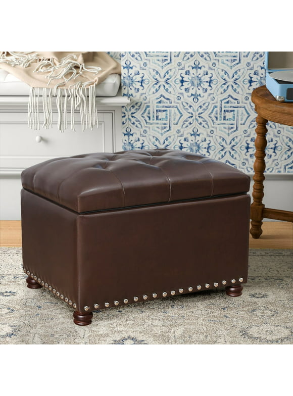 Adeco  High End, Classy, Tufted Storage Bench, Ottoman Footstool Dark Brown Faux Leather, Wood Faux Leather