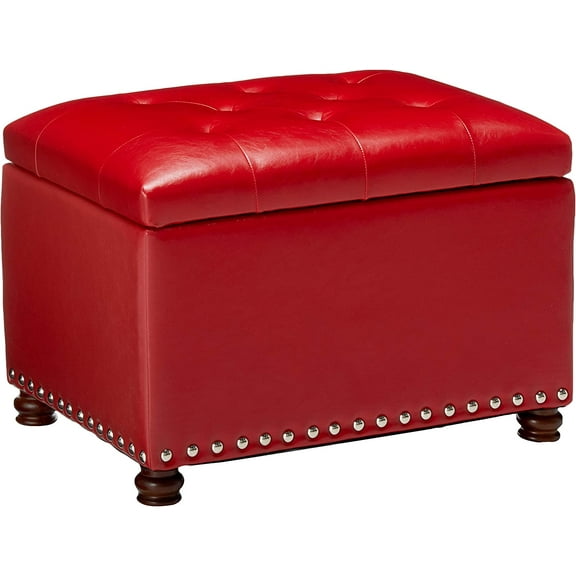Adeco High End Red Classy Bonded PU-Leather Tufted Accents Rectangular Storage Bench Ottoman Footstool,