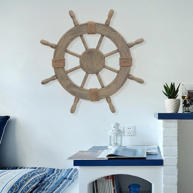 Large Light Brown Wooden Nautical Ship Wheel Decor